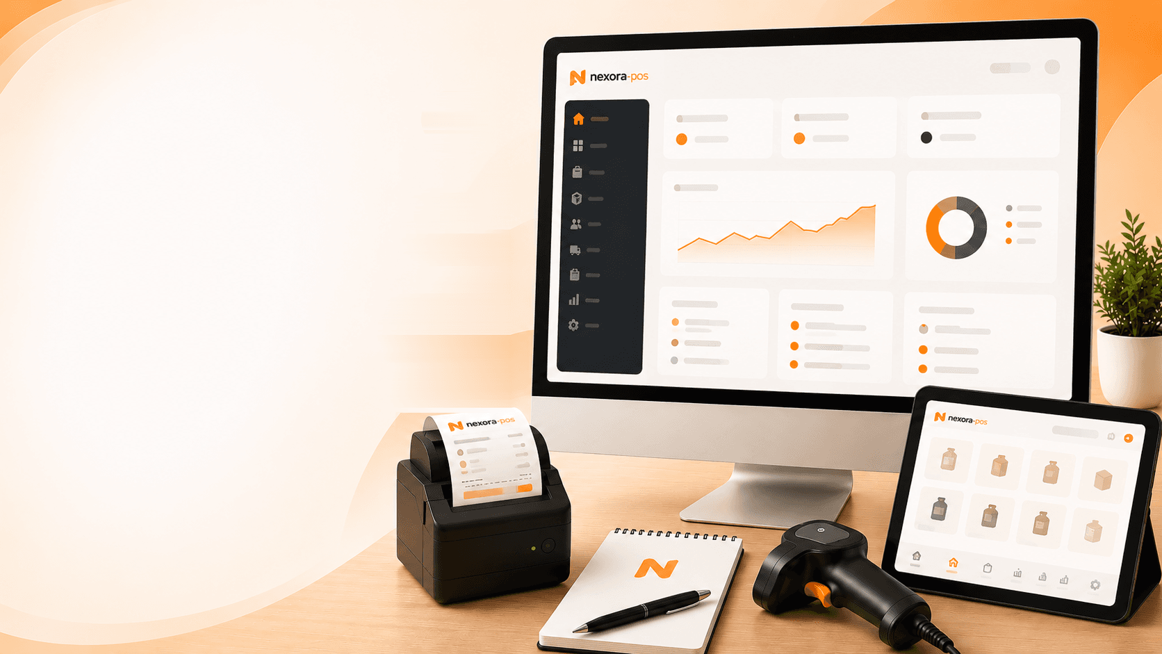 Panel de nexora-pos con el resumen de ventas del día, el gráfico de ventas del mes y el listado de pedidos, junto a la impresora de recibos, el lector de códigos y una tableta con el catálogo de productos